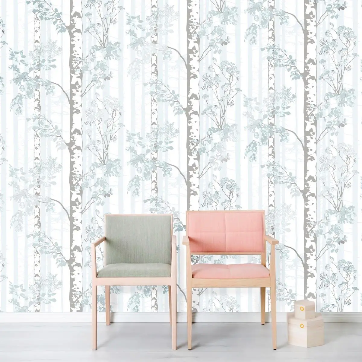 Tapete mit Birkenwald in Türkis Tapete mit Birkenwald in Türkis