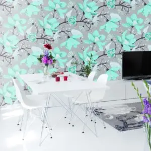 Große Blumentapete Vallila Clematis in Türkis, Raumbild