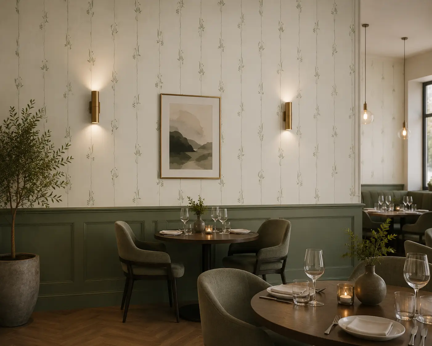 Sandudd Vliestapete Deco Stripe in grün, Raumbild KI generiert Sandudd Vliestapete Deco Stripe in grün, Raumbild KI generiert