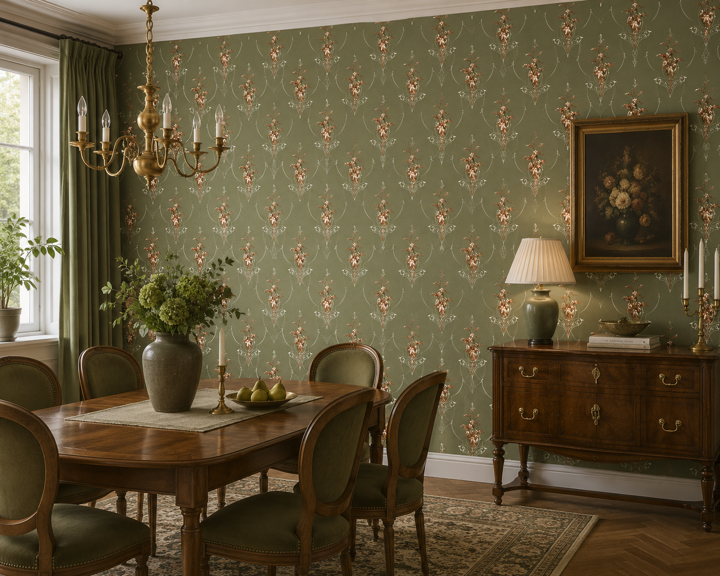Vliestapete Classic Medaillon mit Renaissance Motiv in Dunkelgrün, Raumbild, KI-generiert Vliestapete Classic Medaillon mit Renaissance Motiv in Dunkelgrün, Raumbild, KI-generiert