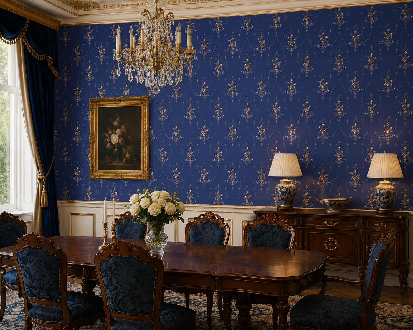 Vliestapete Classic Medaillon mit Renaissance Motiv in royalem Blau, KI-generiert Vliestapete Classic Medaillon mit Renaissance Motiv in royalem Blau, Raumbild, KI-generiert